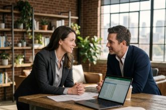 Une femme en reconversion professionnelle lors d'un entretien de coaching avec une conseillère dans un espace de coworking moderne