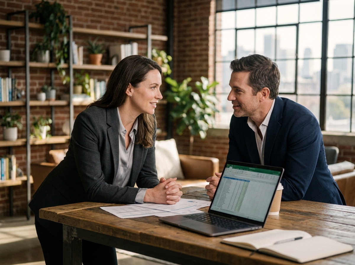 Une femme en reconversion professionnelle lors d'un entretien de coaching avec une conseillère dans un espace de coworking moderne