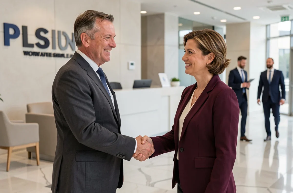 Poignée de main entre un consultant RH et un professionnel en portage salarial dans un hall d'entreprise