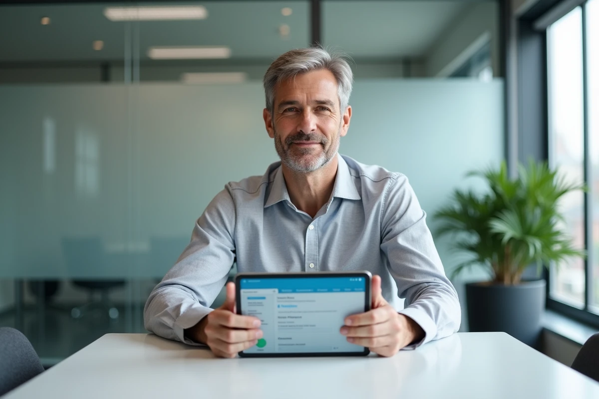 Administrateur CSE paramétrant les options de billetterie sur une tablette dans une salle de réunion