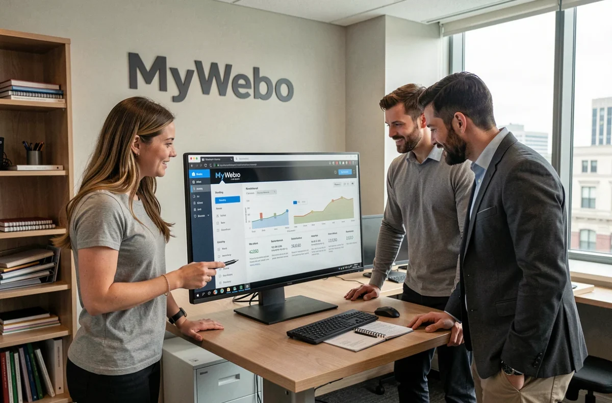Équipe de l'agence MyWebo collaborant autour d'un rapport de performance SEO sur un écran interactif