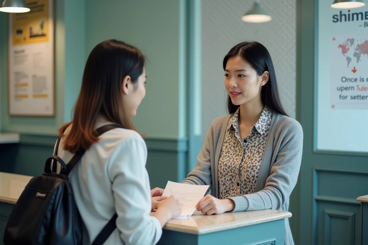 Conseillère en agence de remise de fonds aidant un client à remplir un formulaire de virement international