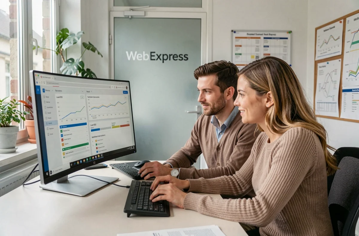 Équipe de l'agence WebExpress analysant une campagne de référencement local sur un tableau de bord numérique
