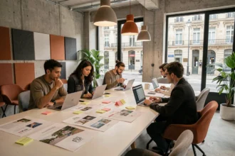 Équipe d'une agence de communication girondine collaborant dans un open-space moderne à Bordeaux