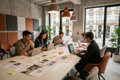 Équipe d'une agence de communication girondine collaborant dans un open-space moderne à Bordeaux