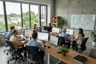 Vue d'ensemble d'une agence SEO moderne dans les Yvelines avec des professionnels travaillant sur des stratégies de référencement naturel