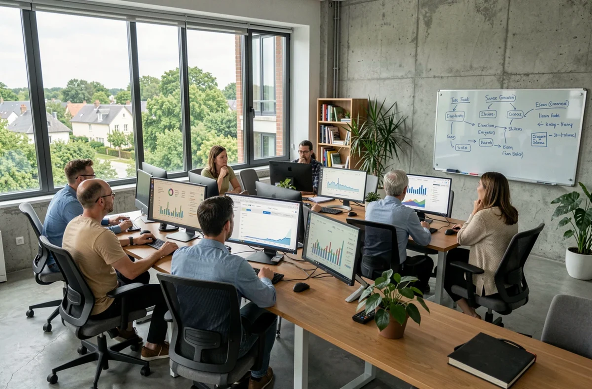 Vue d'ensemble d'une agence SEO moderne dans les Yvelines avec des professionnels travaillant sur des stratégies de référencement naturel