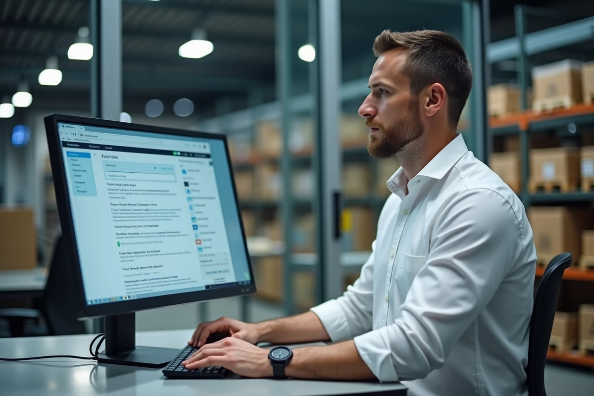 Agent logistique La Poste vérifiant son planning et ses droits RH sur le portail GTm Extranet dans un centre de tri