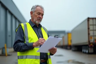 Agent logistique consultant un planning au site hub de Harnes, camions et entrepôts en arrière-plan
