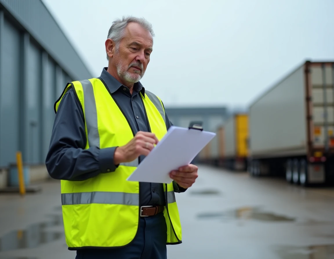 Agent logistique consultant un planning au site hub de Harnes, camions et entrepôts en arrière-plan