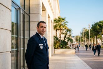 Agent de sécurité en uniforme devant un bâtiment commercial à Nice