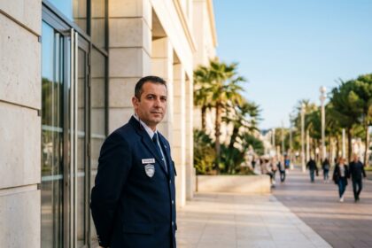 Agent de sécurité en uniforme devant un bâtiment commercial à Nice