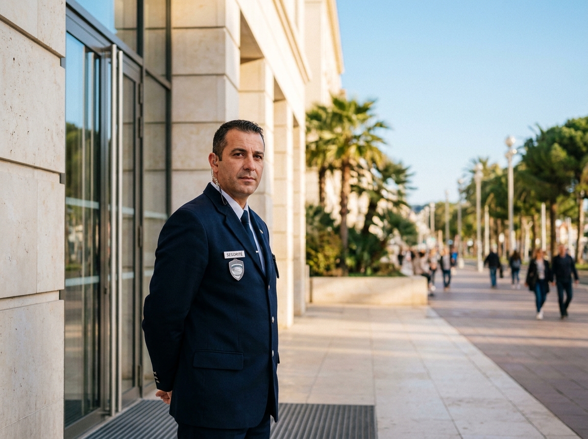 Agent de sécurité en uniforme devant un bâtiment commercial à Nice