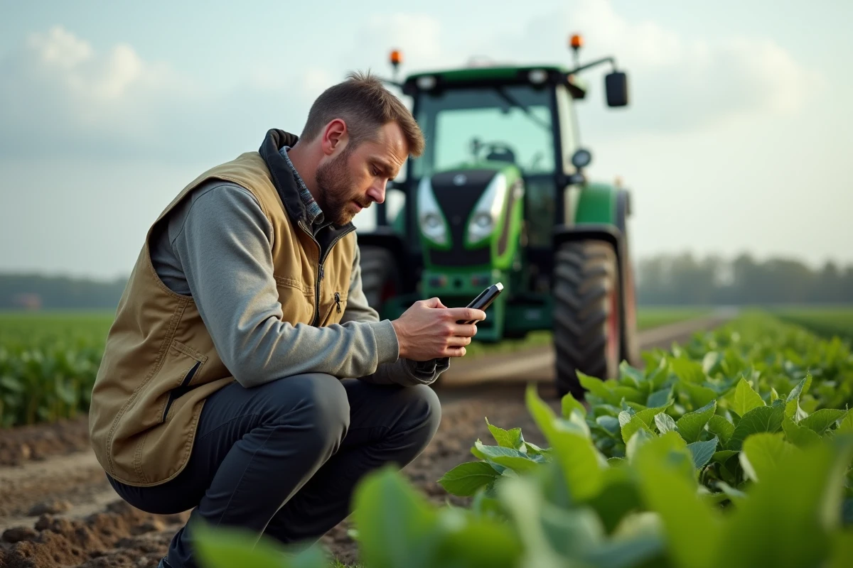 Agriculteur Terrena utilisant une application mobile de gestion d'exploitation agricole près d'un tracteur GPS dans les champs