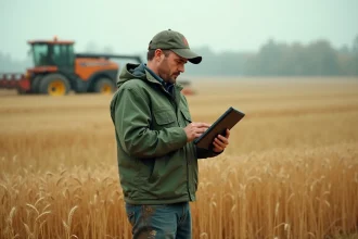 Agriculteur Terrena consultant un tableau de bord de gestion agricole sur tablette dans un champ de blé