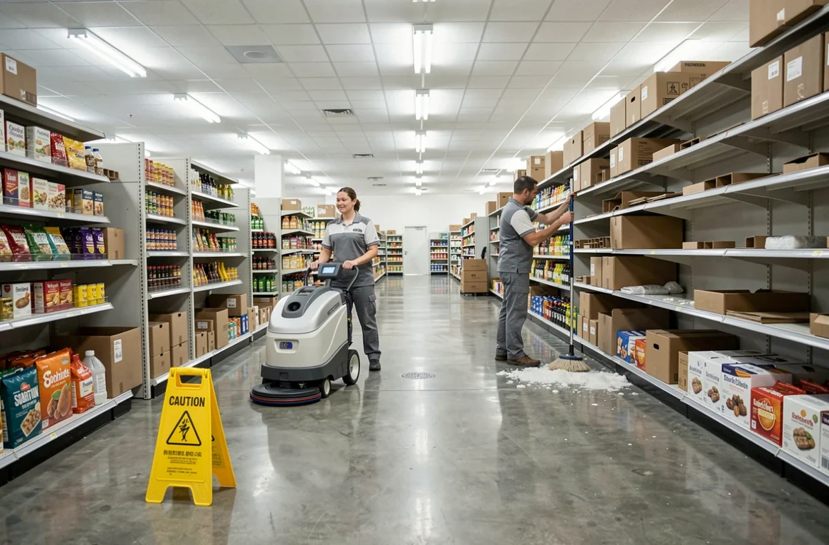 Équipe All Clean Nord nettoyant une allée de supermarché avec une autolaveuse pendant les heures creuses