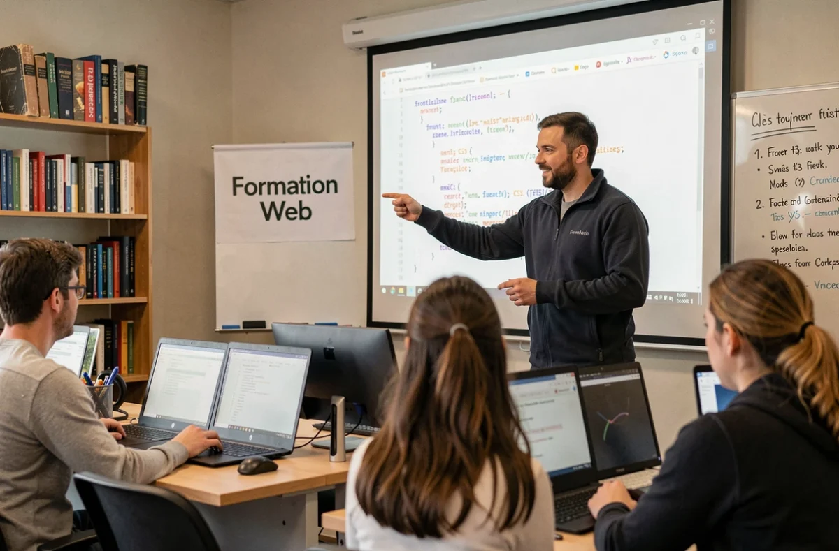 Formateur en développement front-end d'Alsacréations animant un atelier de formation web avec des participants devant leurs postes de travail