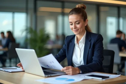 Professionnelle consultant des rapports d'entreprise fiables sur un bureau moderne pour une analyse de performance commerciale