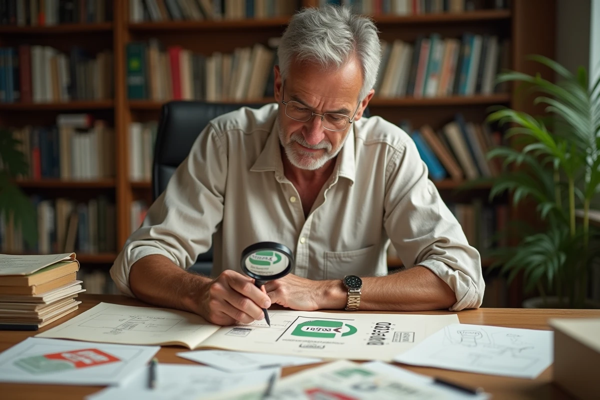 Designer graphique analysant l'ancien logo Intermarché avec des documents d'archives et croquis historiques sur un bureau en bois