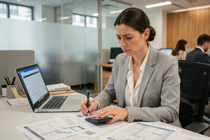 Femme cadre analysant un planning mensuel et des fiches d'heures de travail sur un bureau professionnel