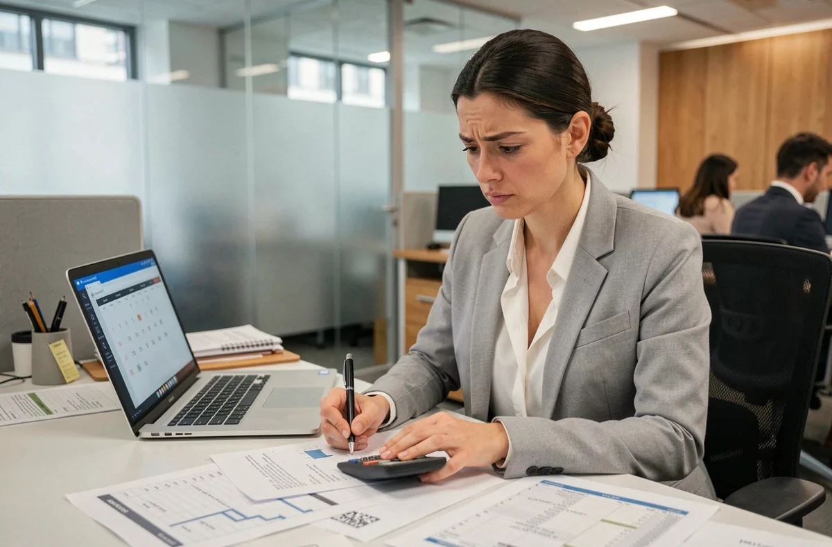 Femme cadre analysant un planning mensuel et des fiches d'heures de travail sur un bureau professionnel