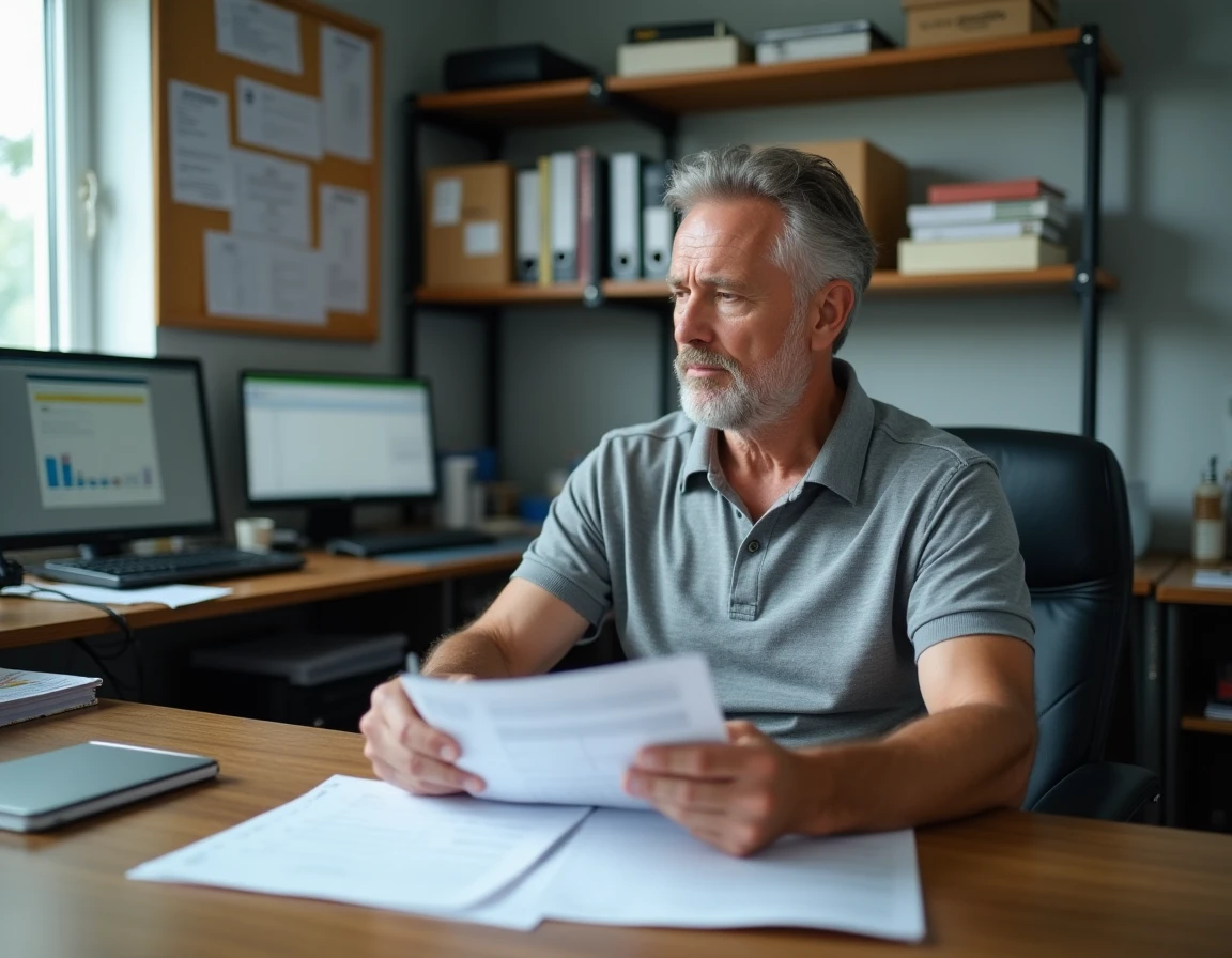 Responsable transport analysant des fiches de paie et comparant le taux horaire d'un chauffeur routier avec le SMIC 2026 dans un bureau de société de transport