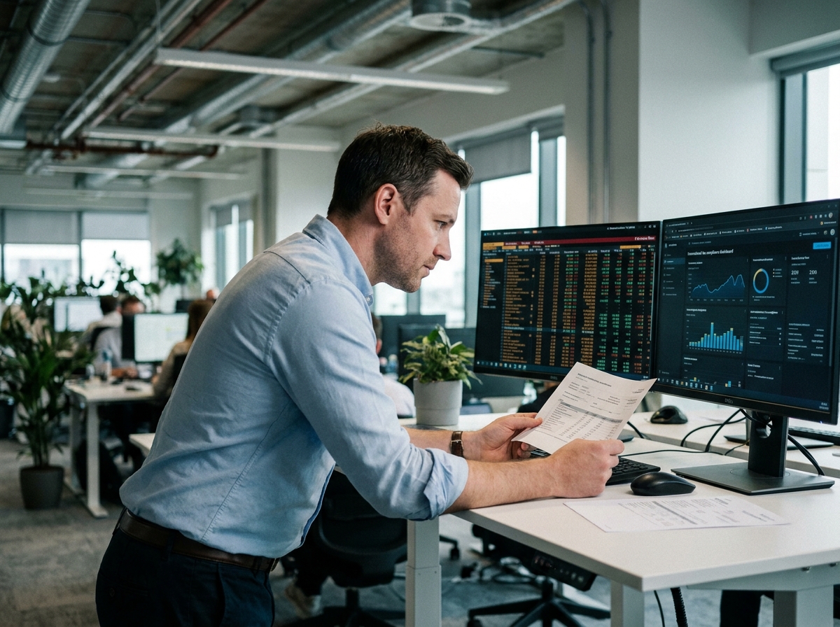 Analyste financier consultant des tableaux de bord fiscaux internationaux sur ordinateur dans un bureau en open space
