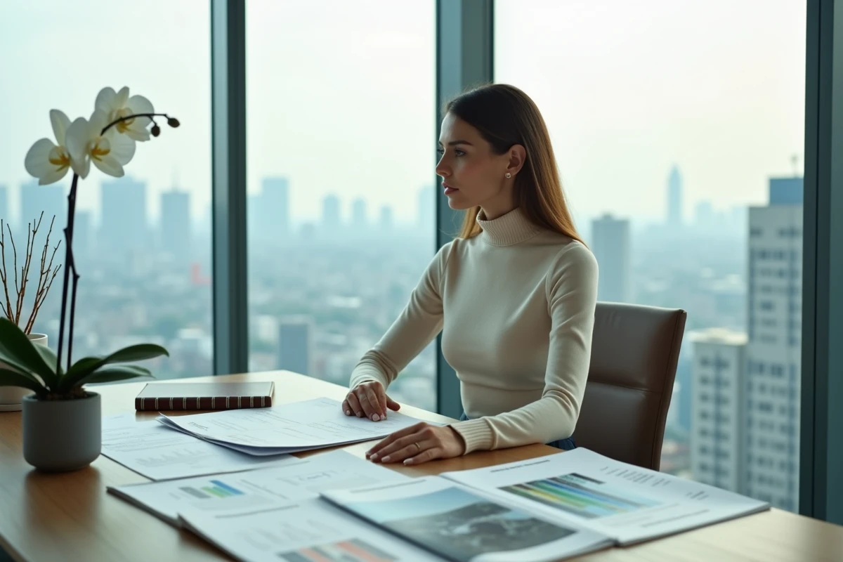 Femme analyste financière étudiant des documents sur les marques du groupe Richemont dans un bureau moderne