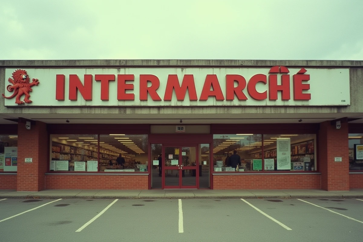 Façade d'un supermarché Intermarché vintage des années 1980 avec l'ancien logo au lion rouge sur une enseigne d'époque