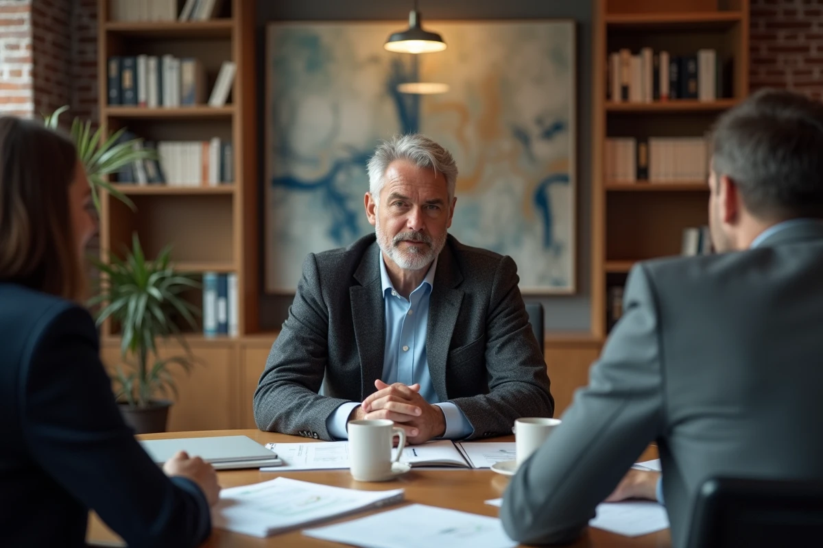 Manager expérimenté échangeant avec ses pairs autour d'une table de réunion executive lors d'une prise de décision collective