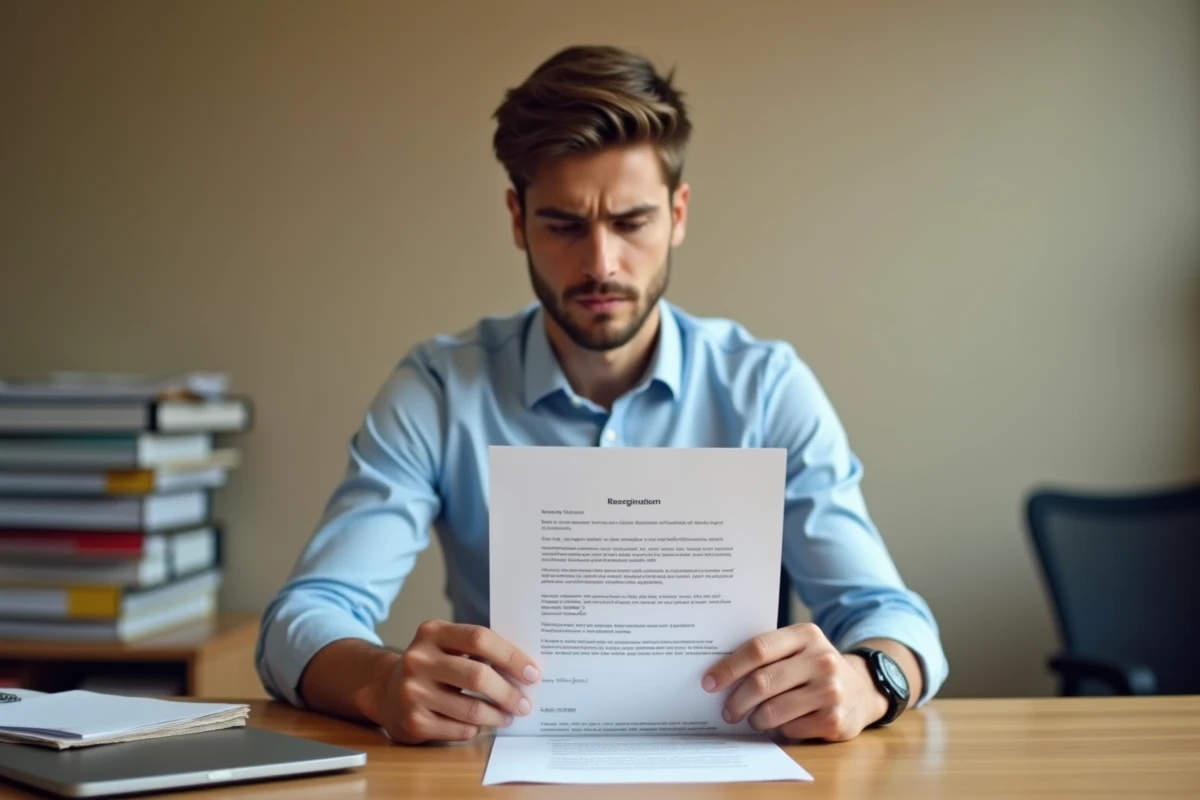 Jeune apprenti lisant une lettre de démission de contrat d'apprentissage avant de la signer à son bureau