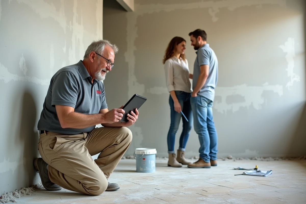 Artisan BTP montrant un devis de rénovation sur tablette à des propriétaires dans un chantier intérieur
