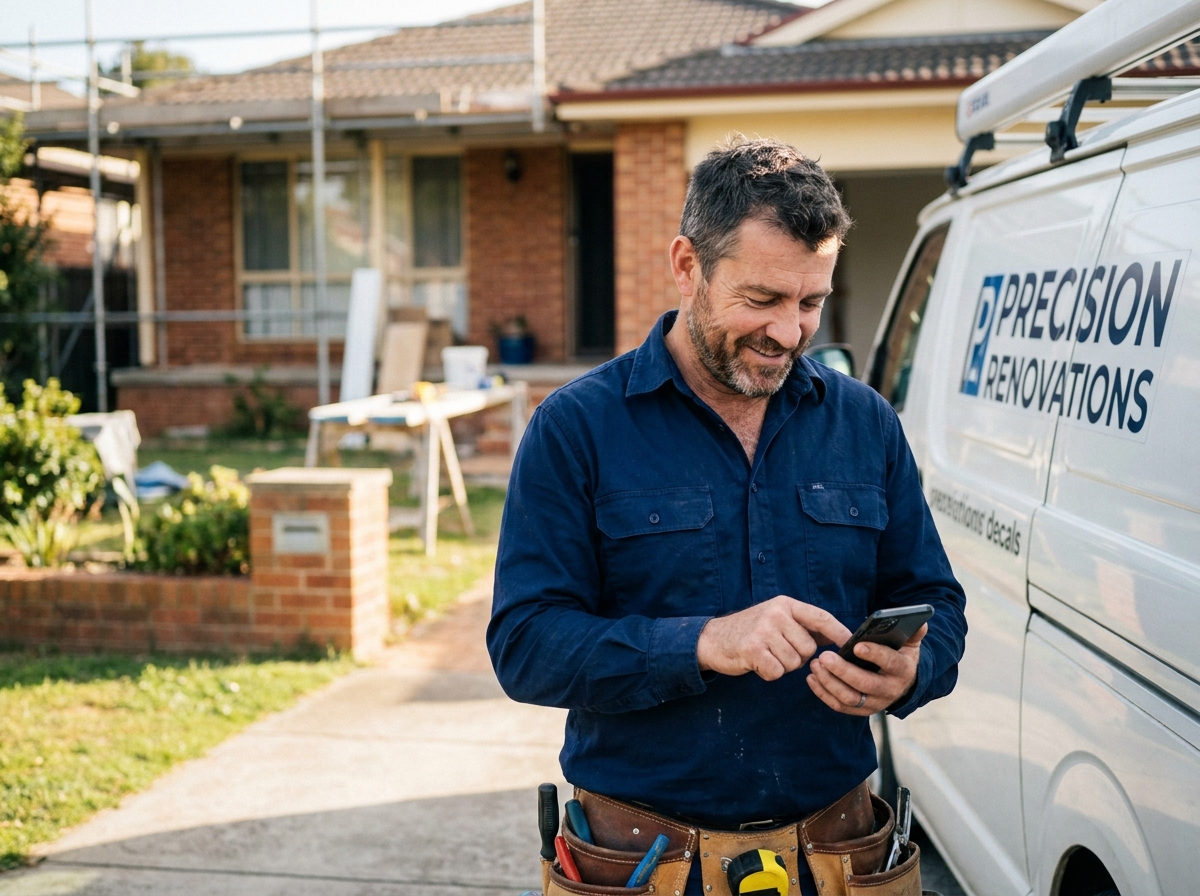 Artisan confirmant une prise de rendez-vous sur son smartphone devant un chantier de rénovation résidentiel