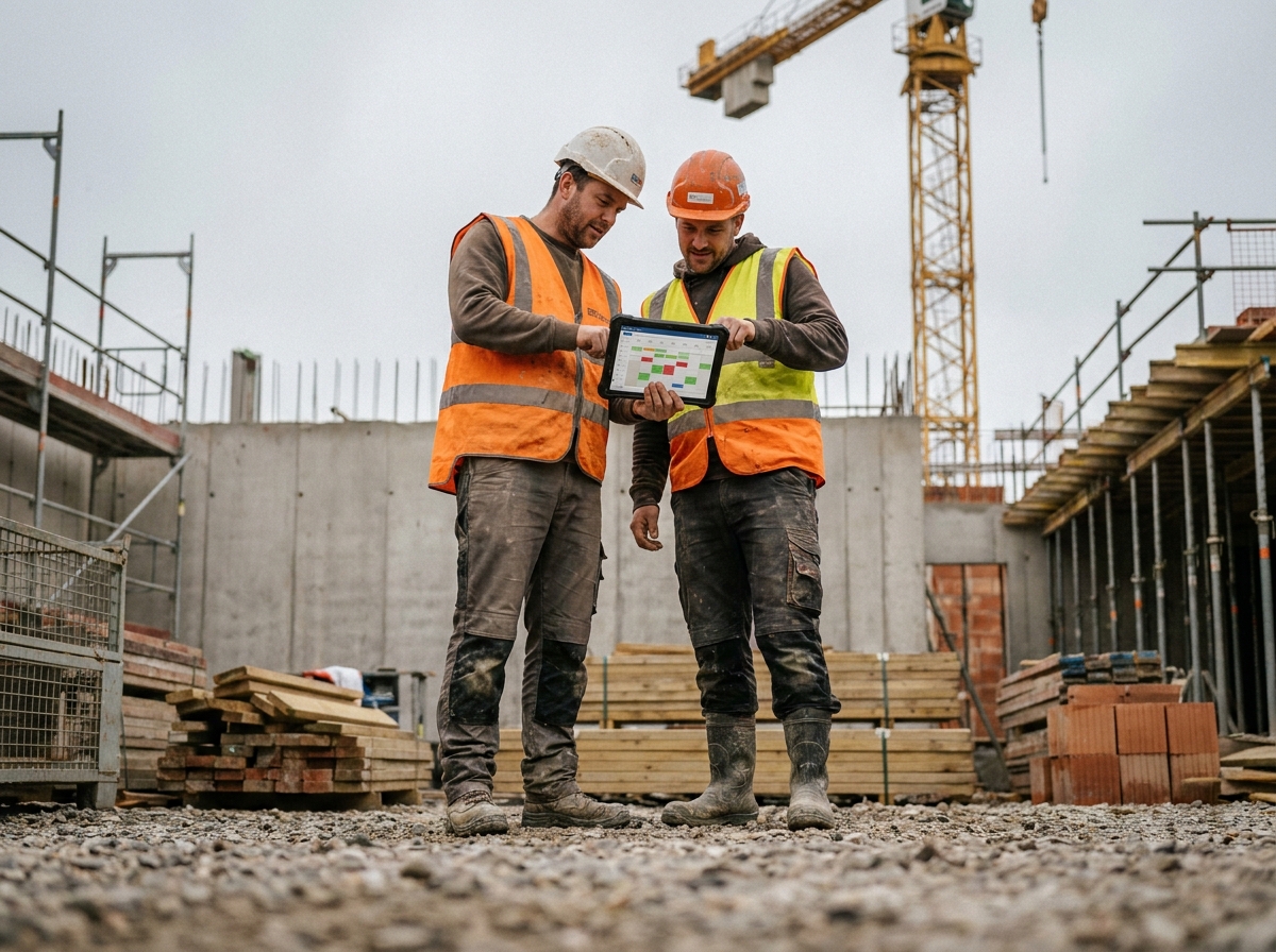 Deux artisans sur un chantier de construction consultant un calendrier de rendez-vous sur tablette numérique