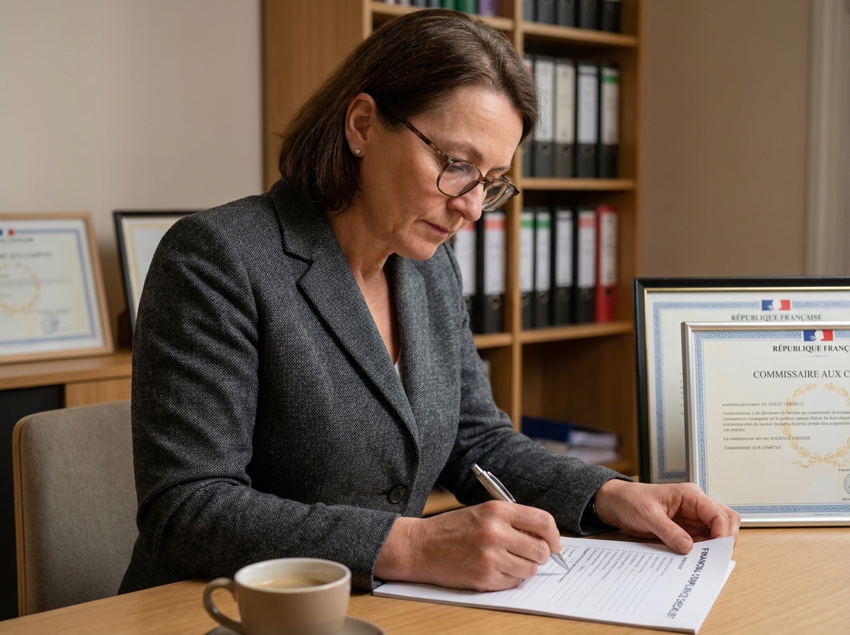 Commissaire aux comptes annotant une liste de conformité lors d'un audit légal de PME