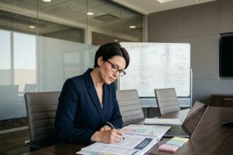 Responsable RH analysant un rapport d'audit RH avec des documents organisés sur une table de réunion en entreprise