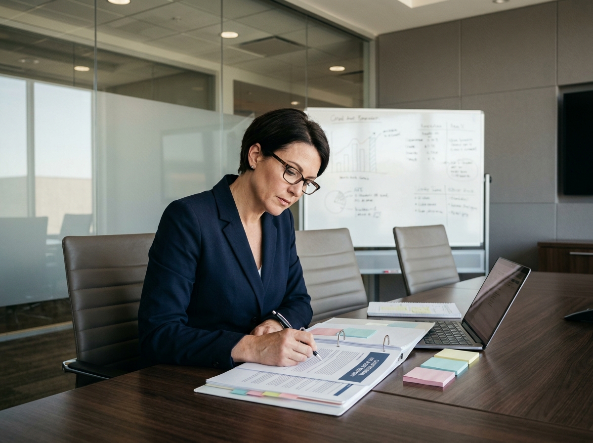 Responsable RH analysant un rapport d'audit RH avec des documents organisés sur une table de réunion en entreprise
