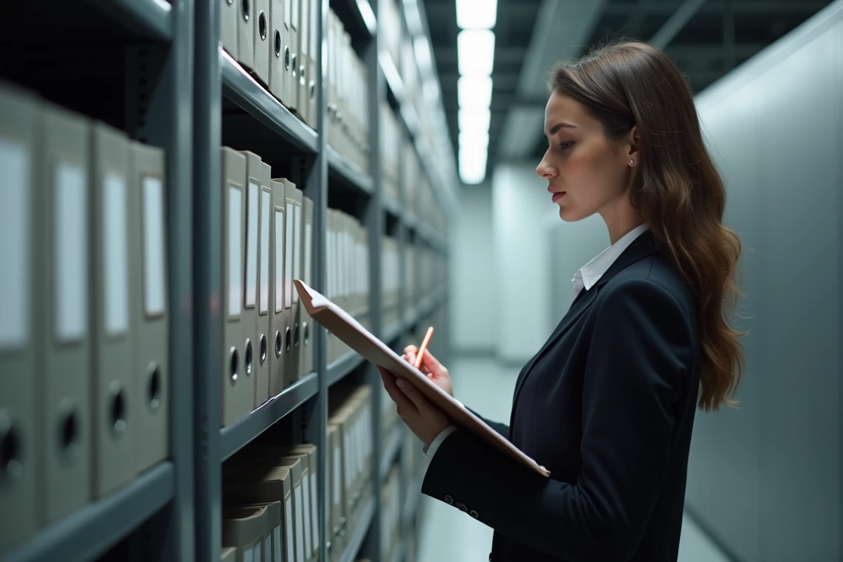 Jeune femme auditrice vérifiant des dossiers dans une archive