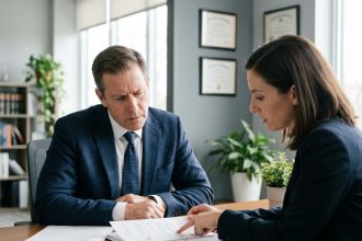 Homme d'affaires préoccupé avec avocate dans un bureau moderne