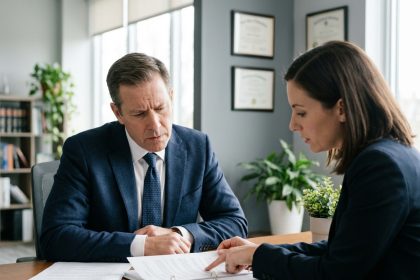 Homme d'affaires pr&eacute;occup&eacute; avec avocate dans un bureau moderne