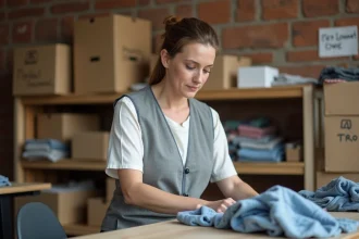 Femme bénévole triant des vêtements dans un centre communautaire, illustrant le travail associatif non rémunéré