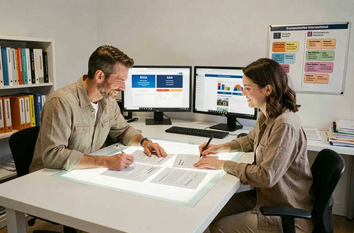 Deux designers de l'agence Beryl Design comparant les normes d'accessibilité RGAA, EAA et WCAG sur des documents imprimés et des écrans