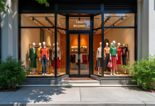 Vitrine moderne d'une boutique avec mannequins tendance et plantes