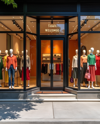 Vitrine moderne d'une boutique avec mannequins tendance et plantes
