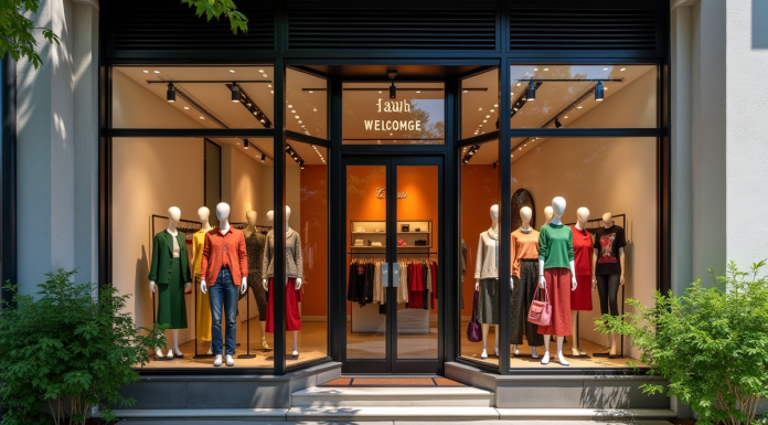 Vitrine moderne d'une boutique avec mannequins tendance et plantes