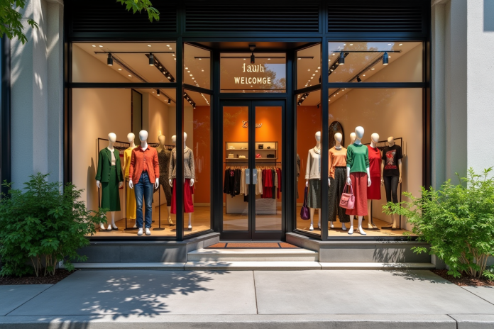 Vitrine moderne d'une boutique avec mannequins tendance et plantes