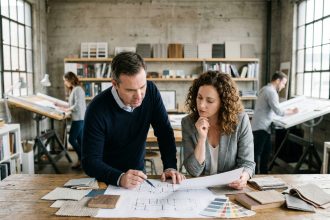 Une conceptrice et un standiste examinent ensemble des plans de stand sur-mesure lors d'une réunion de brief en studio de design