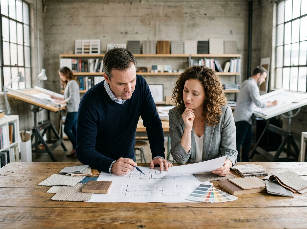 Une conceptrice et un standiste examinent ensemble des plans de stand sur-mesure lors d'une réunion de brief en studio de design