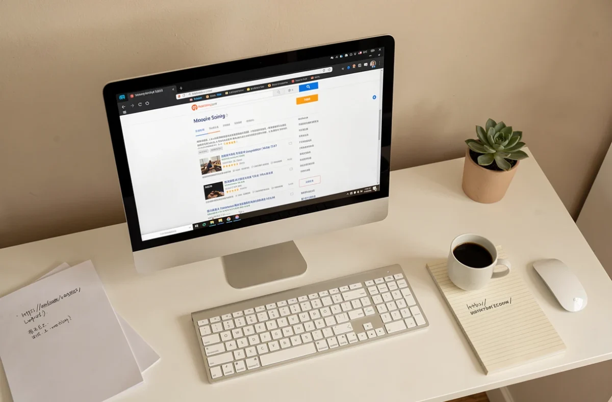 Bureau avec ordinateur affichant un navigateur, bloc-notes avec URL manuscrite et tasse de café pour retrouver une plateforme en ligne