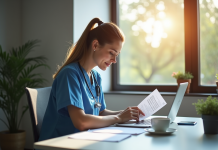 Infirmière en bureau organisant des documents financiers